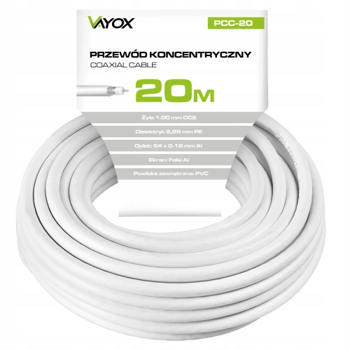 Kabel przewód koncentryczny antenowy Vayox RG6U 20m podwójny ekran K4 HD