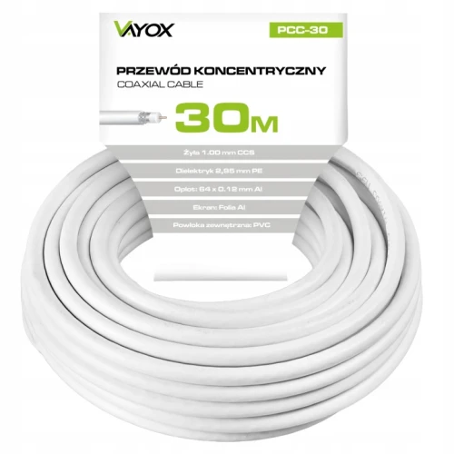 Kabel przewód koncentryczny antenowy TV Vayox RG6U 30m LTE ODPORNY UV 4K HD